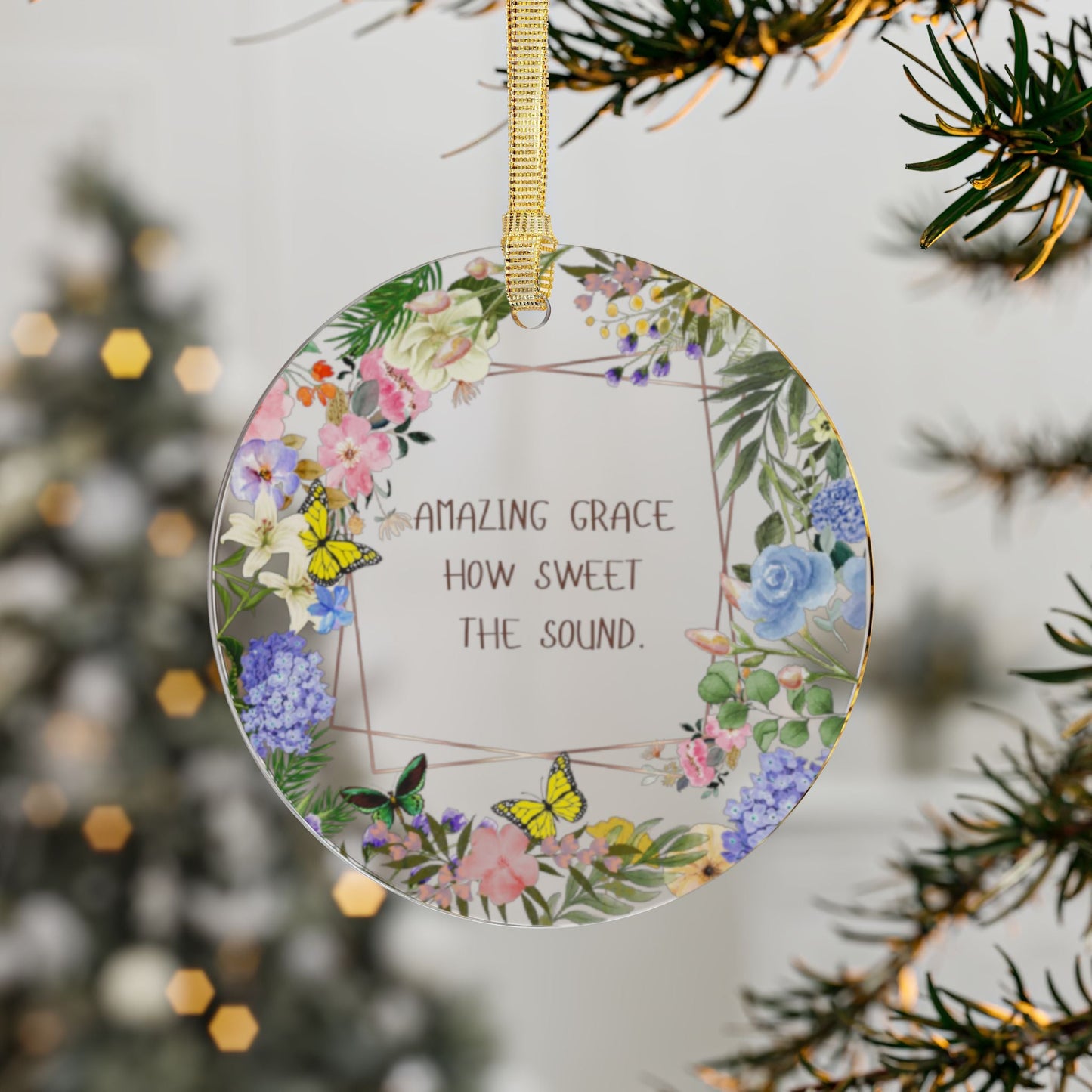 Amazing Grace Acrylic Ornament with Floral Design & Butterflies